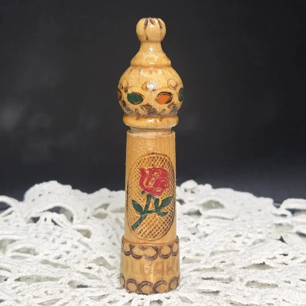 Antique Treen Wooden Hand Carved\painted Etui Sewing Needle Case Rose Bulgaria